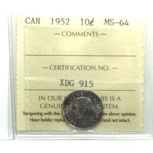 Canada 1952 10 Cents Silver Dime Certified ICCS MS - 64 Collector Coin